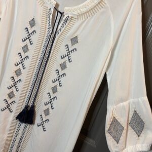 Monoreno New Embroidered Dress Size M Bohemian Off White Blue-Gray Tassels